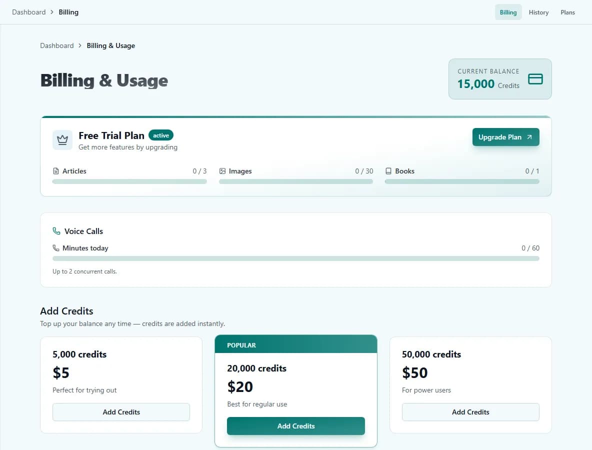 The Billing and Usage screen, showing credit balance and top-up tiers.