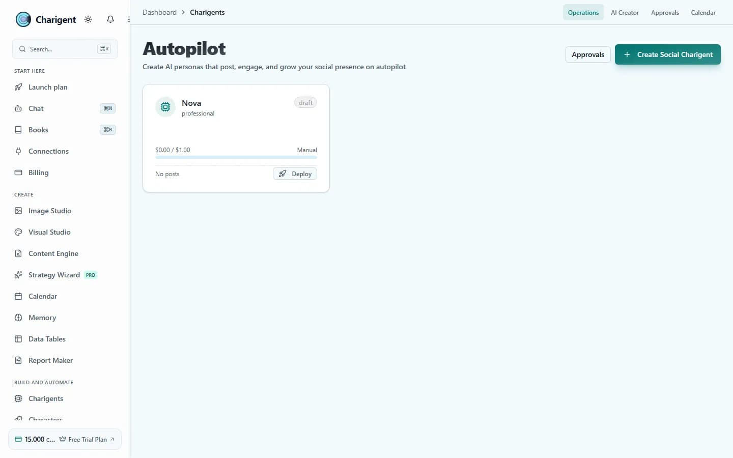 The Autopilot screen, showing a Charigent's per-post budget, spend so far, and a Deploy button to launch it.