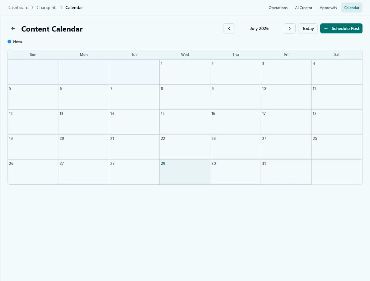 The Content Calendar, showing scheduled Autopilot posts for a Charigent by day.