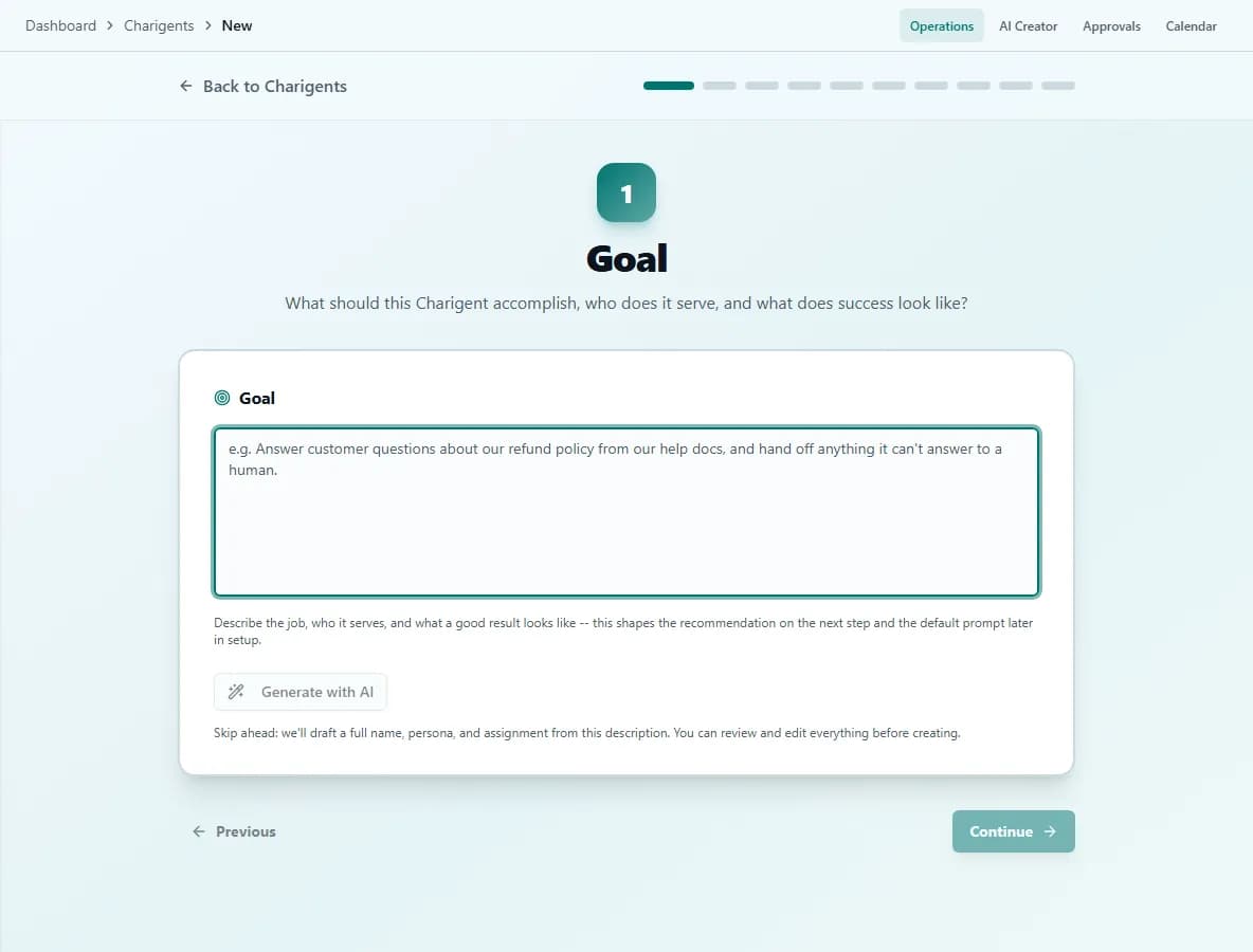 The Charigent creation wizard with a specific companion goal and optional Create together guidance alongside the manual setup path.