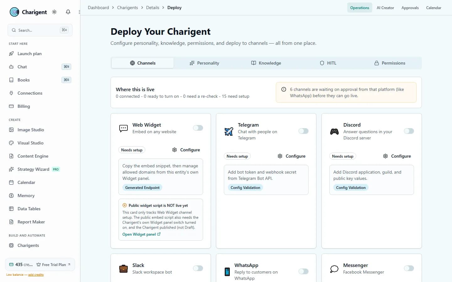 The Deploy screen, showing Web Widget, Telegram, Discord, Slack, WhatsApp, and Messenger cards that currently need setup.