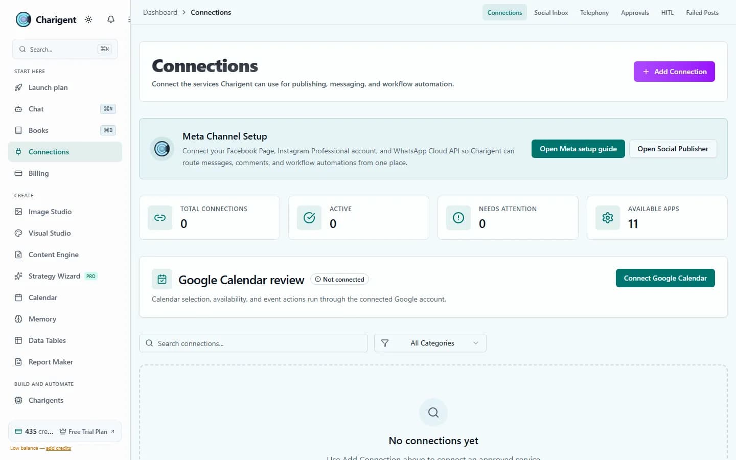 The Connections screen with available integration categories and a social channel setup panel.