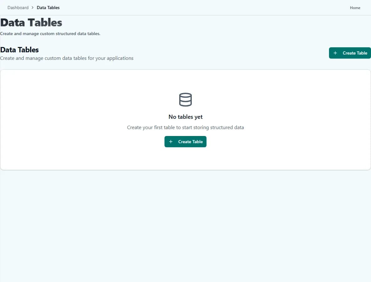 The Data Tables screen, where you can keep information in clear fields and rows.