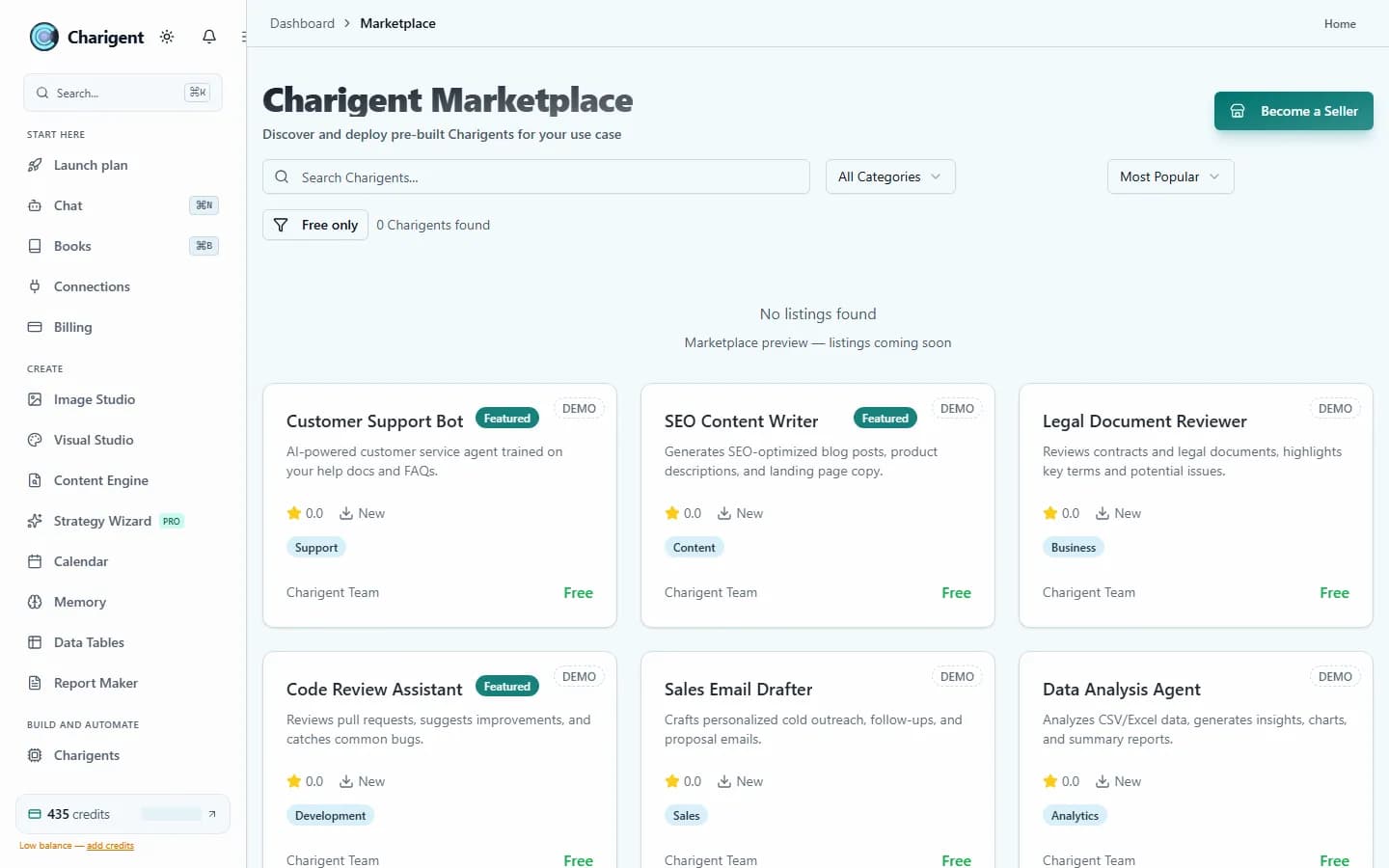 The Charigent Marketplace browse screen, showing category filters and demo listing cards labeled Featured and Free.