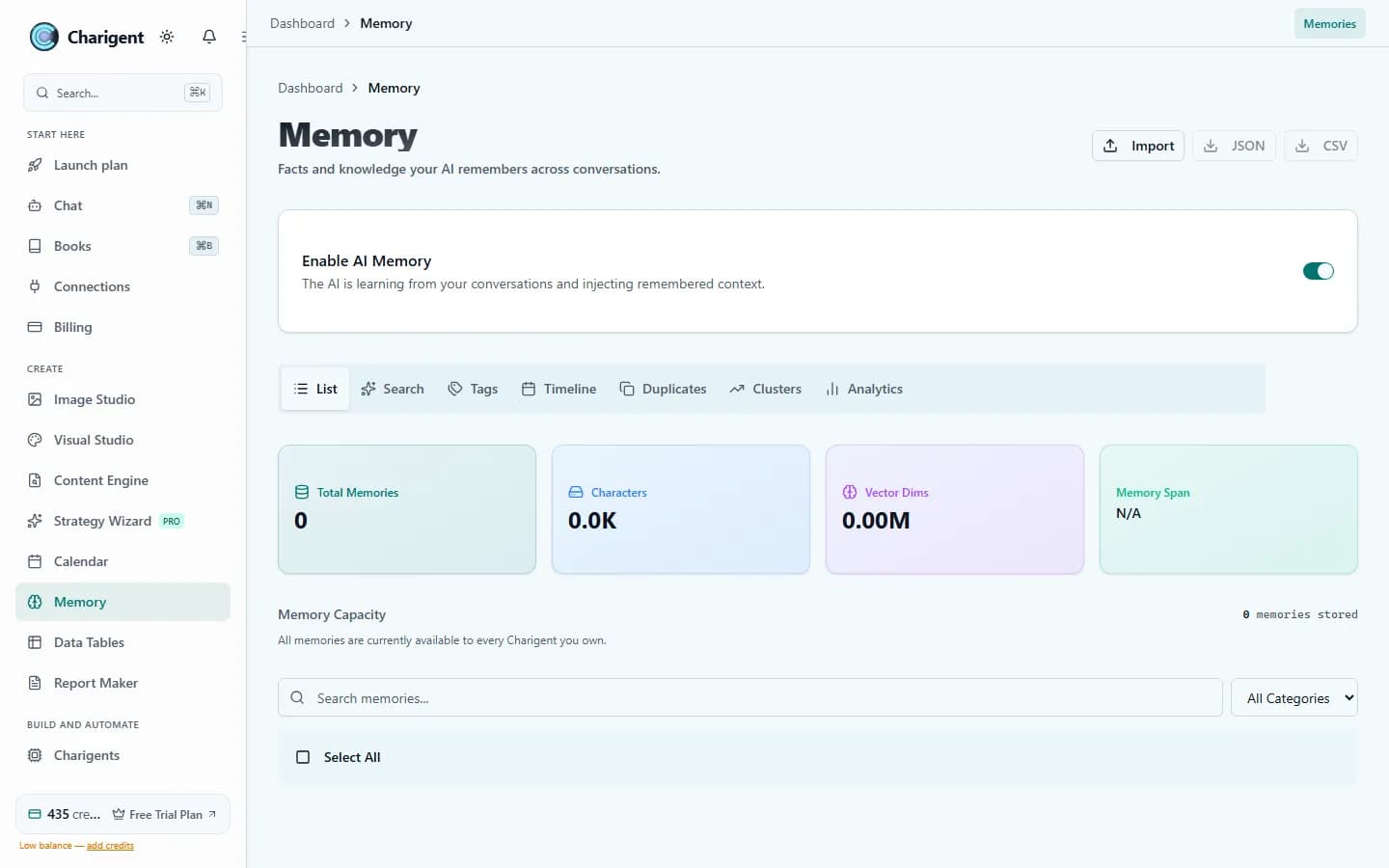 La pantalla Memoria, con un control Activar AI Memory y pestañas de Lista, Búsqueda, Etiquetas, Cronología, Duplicados y Clústeres.