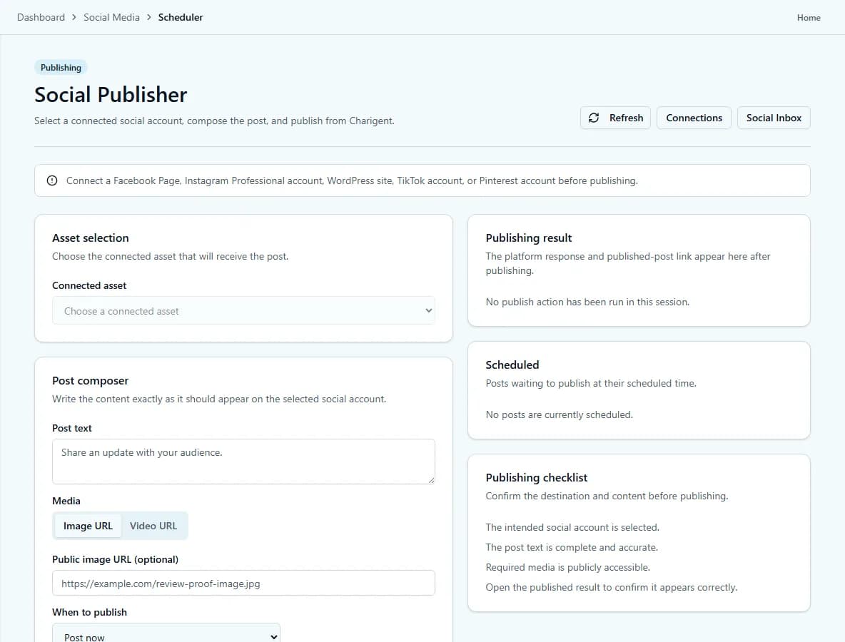 The Social Publisher screen, composing a post with connected-account selection and media attached.