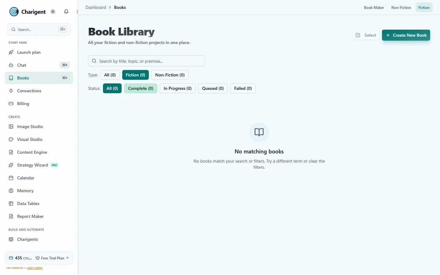 An illustrative fiction library with two titled projects, premise and genre details, and completed or in-progress status.