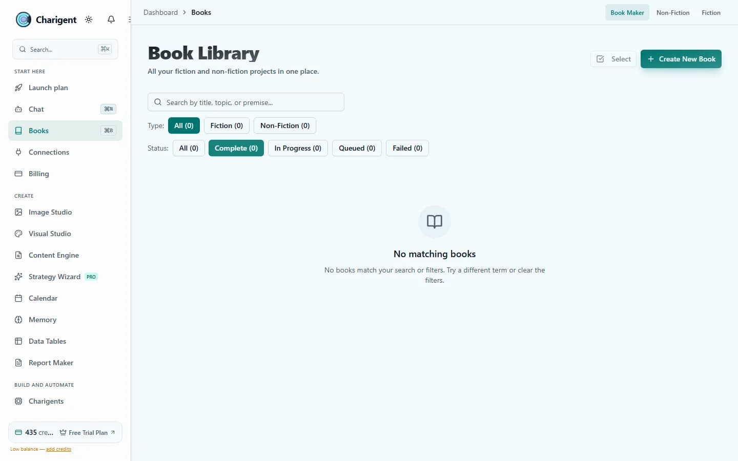An illustrative non-fiction library with export-ready and in-progress books, visible word targets, chapter progress, and project status.