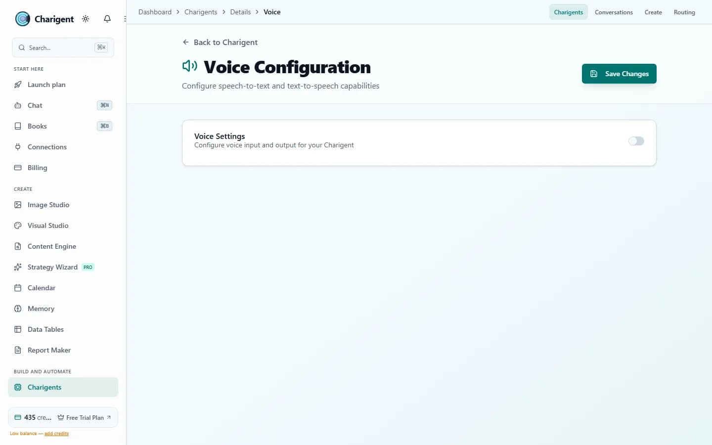 Vista del producto Charigent para Voice AI.