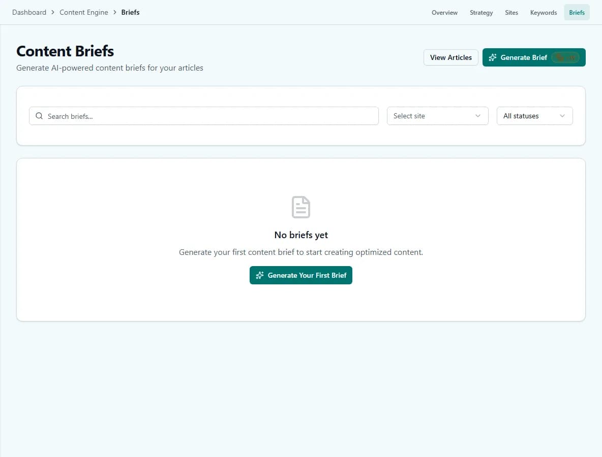 The Content Briefs screen, an AI-generated outline artifact used before drafting an article.