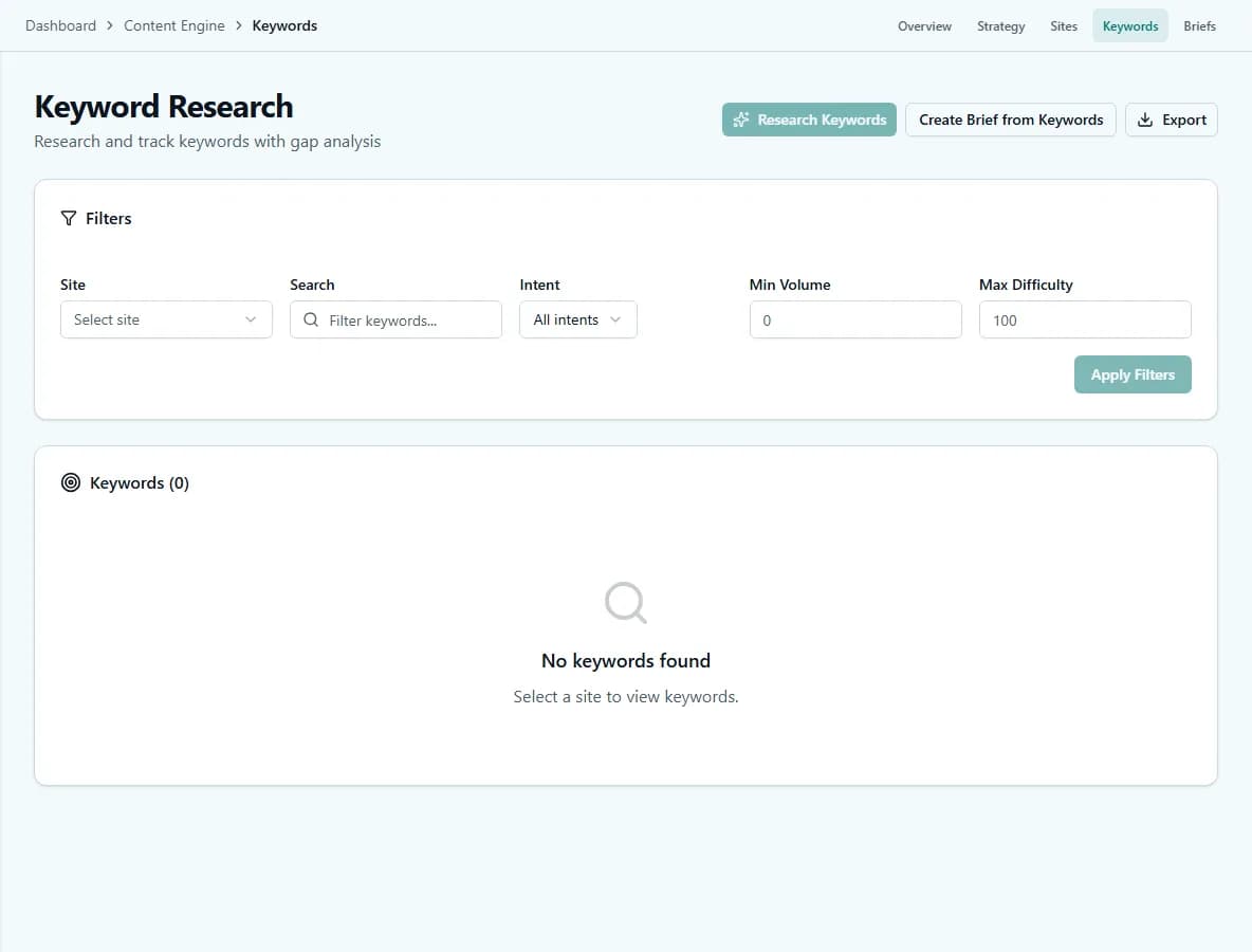 The Keyword Research screen, with filters for search intent, minimum volume, and maximum difficulty.