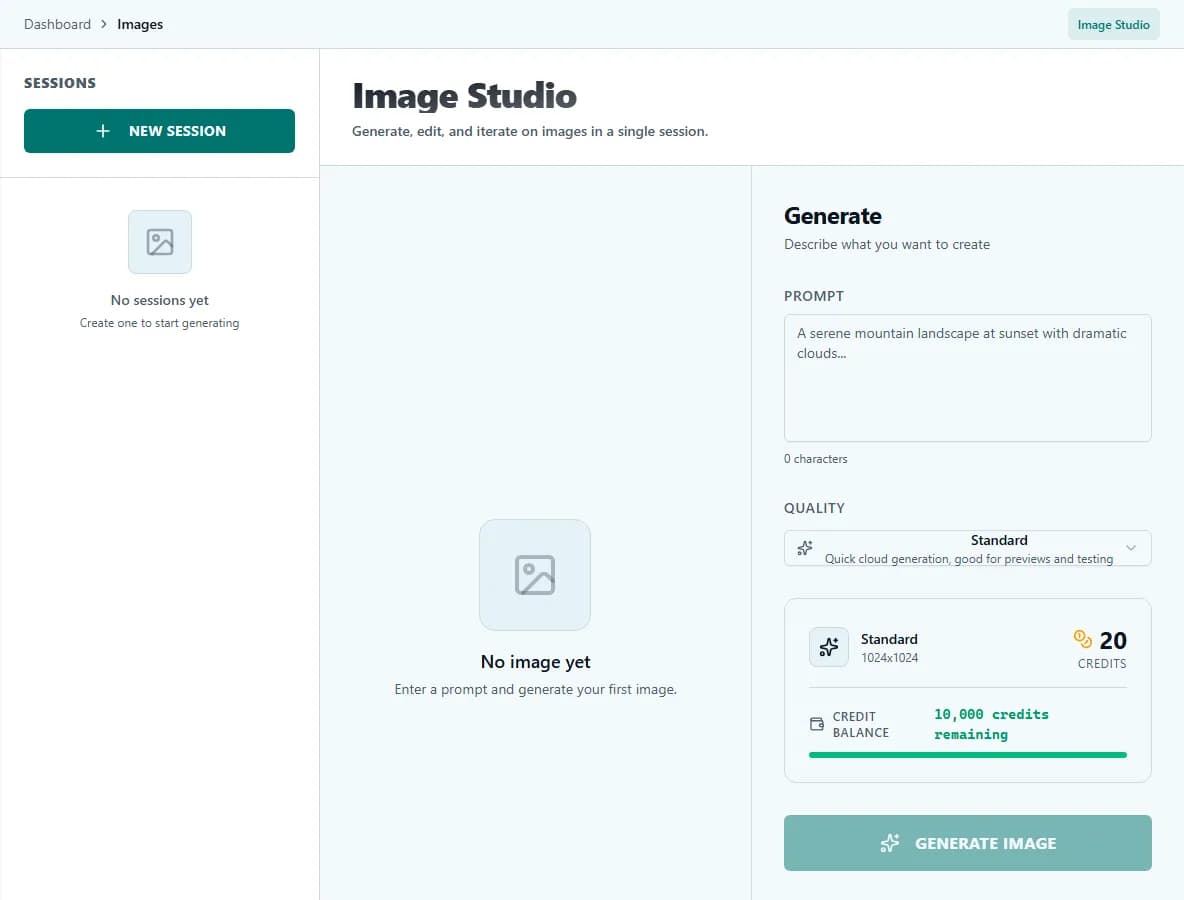 Charigent Image Studio generation workspace