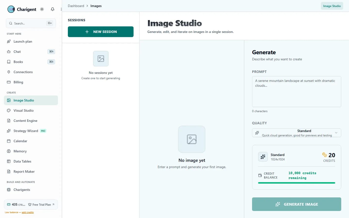 Charigent Image Studio generation workspace