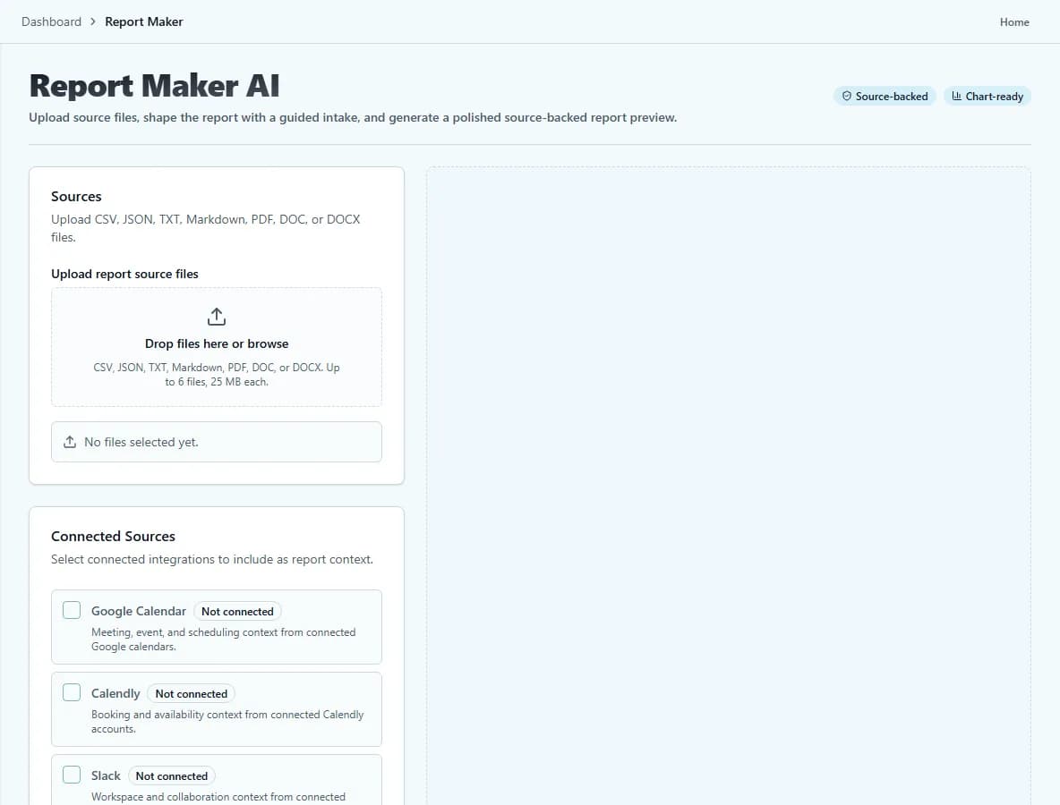Report Maker AI's Connected Sources panel, listing Google Calendar, Calendly, and Slack as optional context sources.