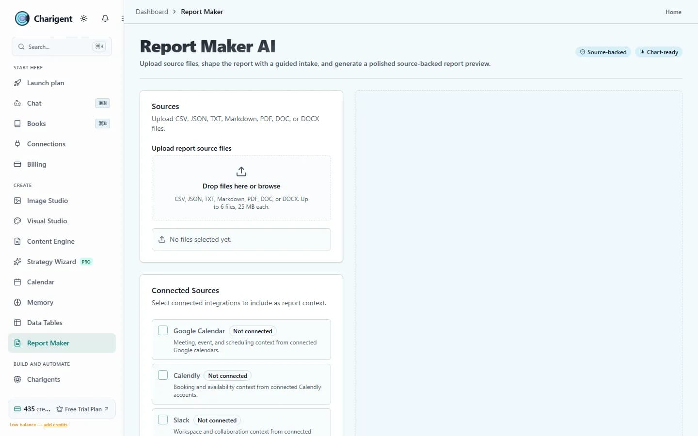 Report Maker AI, showing the source-file upload panel and the list of connected integrations a report can pull context from.