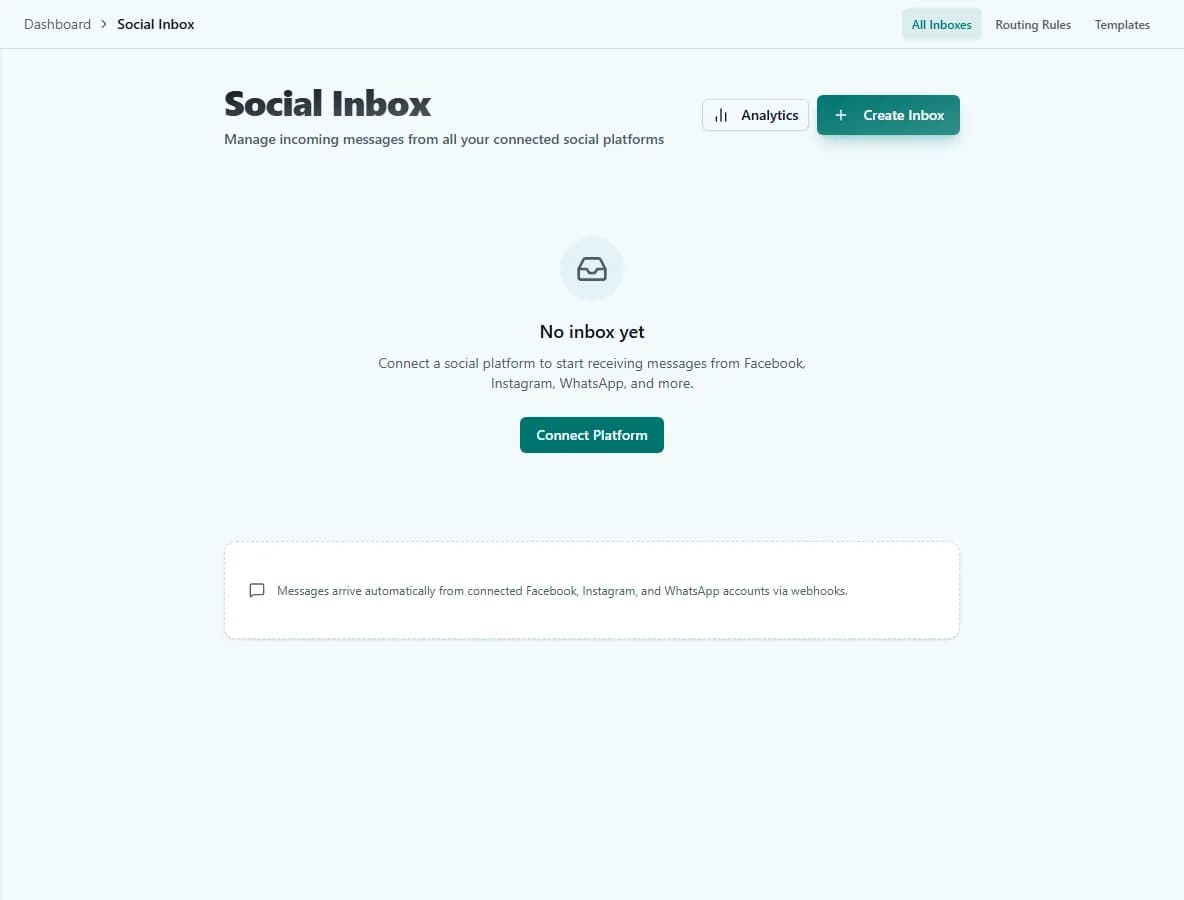 The Social Inbox screen, showing incoming messages routed from connected social platforms.