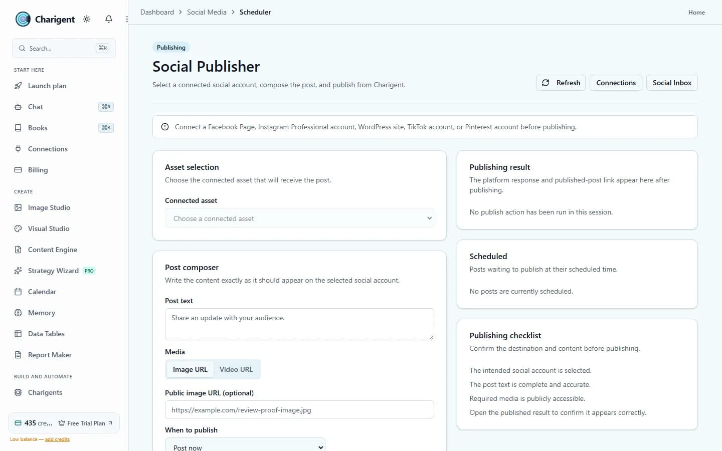 The Social Publisher screen, composing a post with connected-account selection, post text, and scheduling before it goes out.