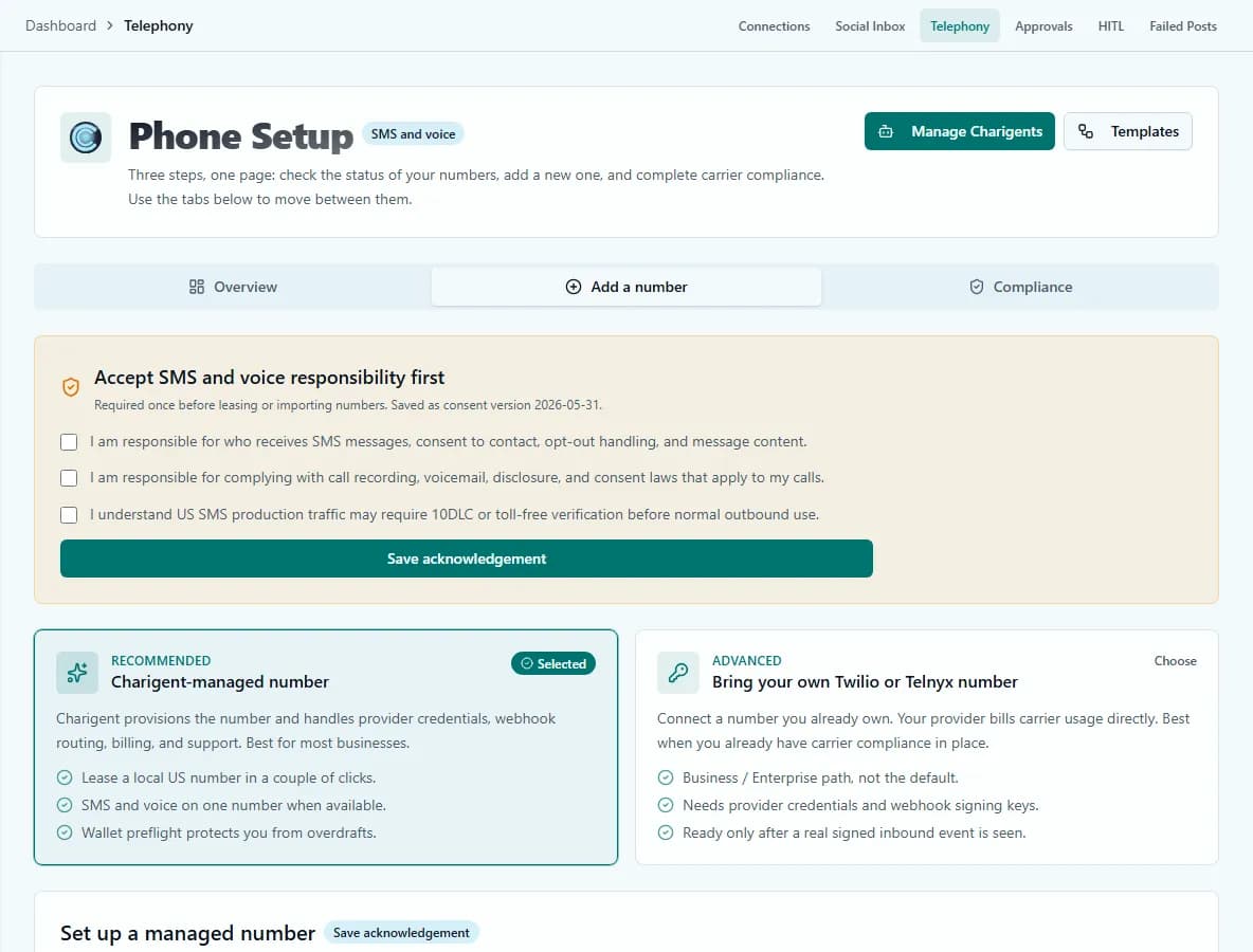 The Phone Setup screen's consent step, requiring explicit acknowledgement of SMS and voice responsibilities before use.