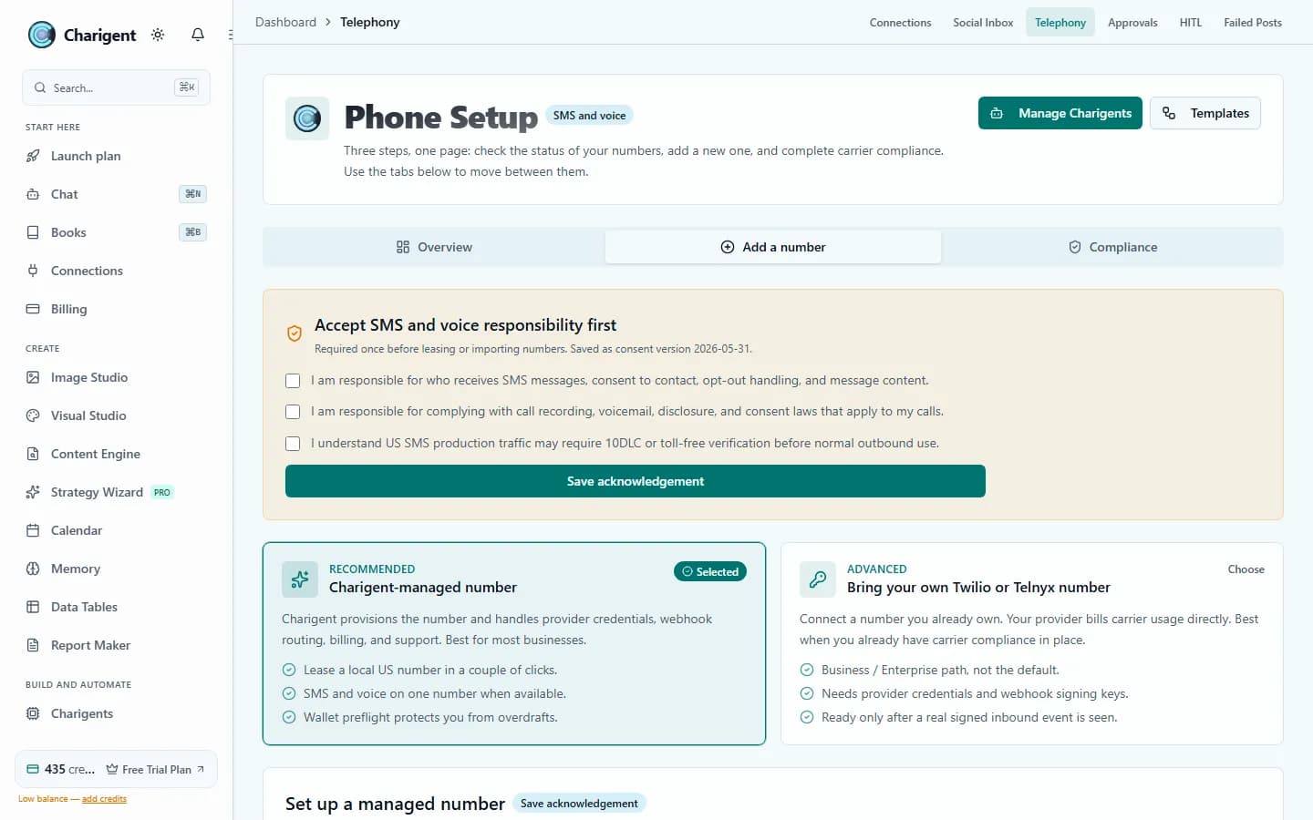 The Phone Setup screen, showing SMS and voice consent checkboxes and the choice between a Charigent-managed number or bringing your own.